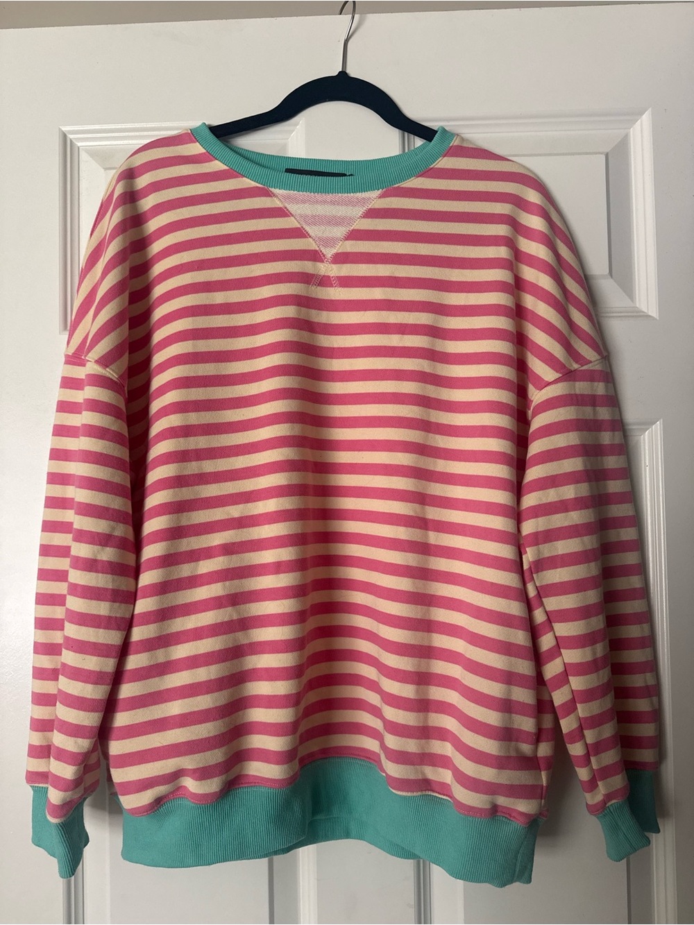 Striped Pink & Cream Pullover with Mint Trim
